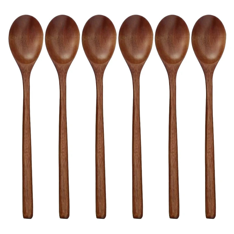 Set of 6 Wooden Spoons – Long Handle Soup Spoons for Eating, Mixing, and Stirring