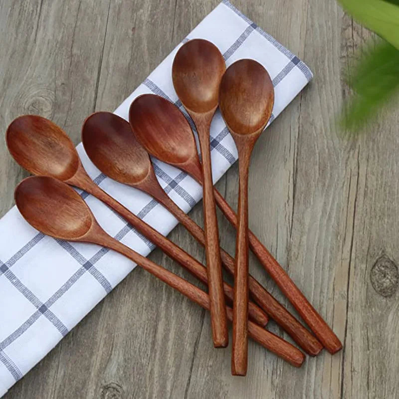 Set of 6 Wooden Spoons – Long Handle Soup Spoons for Eating, Mixing, and Stirring