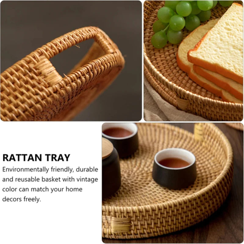 Eco-Friendly Handwoven Rattan Storage Tray – Multi-Use Wicker Basket for Bread, Snacks, Fruit, and Tea Serving