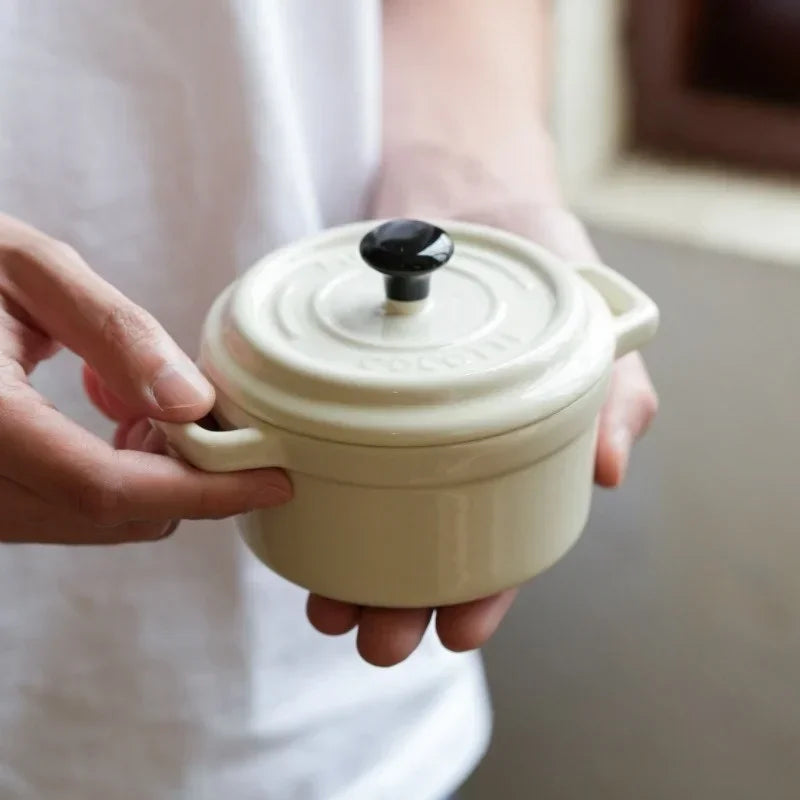Household Ceramic Bowl with Dual Handles and Lid for Soup, Snacks, or Breakfast