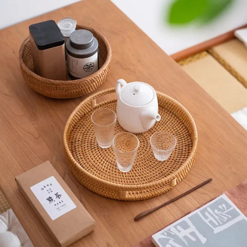 Eco-Friendly Handwoven Rattan Storage Tray – Multi-Use Wicker Basket for Bread, Snacks, Fruit, and Tea Serving