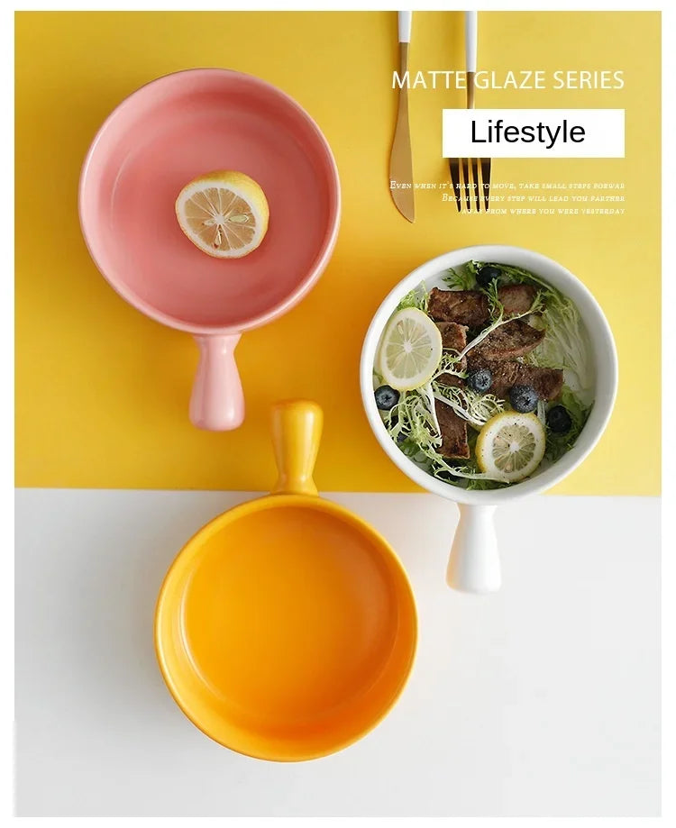 Microwave-Safe Solid Color Salad Bowl with Handle – Versatile for Cereal, Fruit, Soup & Noodles