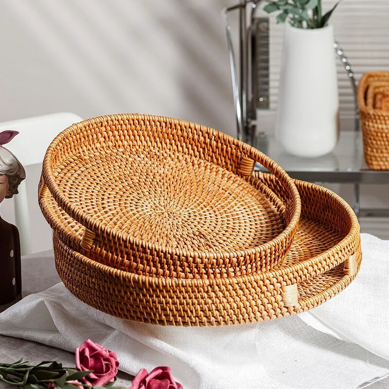 Eco-Friendly Handwoven Rattan Storage Tray – Multi-Use Wicker Basket for Bread, Snacks, Fruit, and Tea Serving