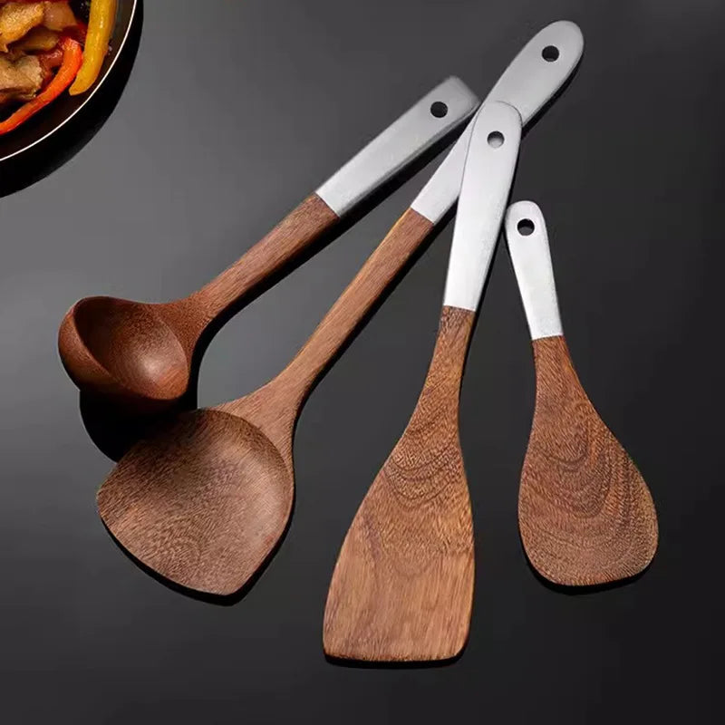5pcs Natural Wooden Kitchen Utensils Set – Spatula, Spoon, and Flipper