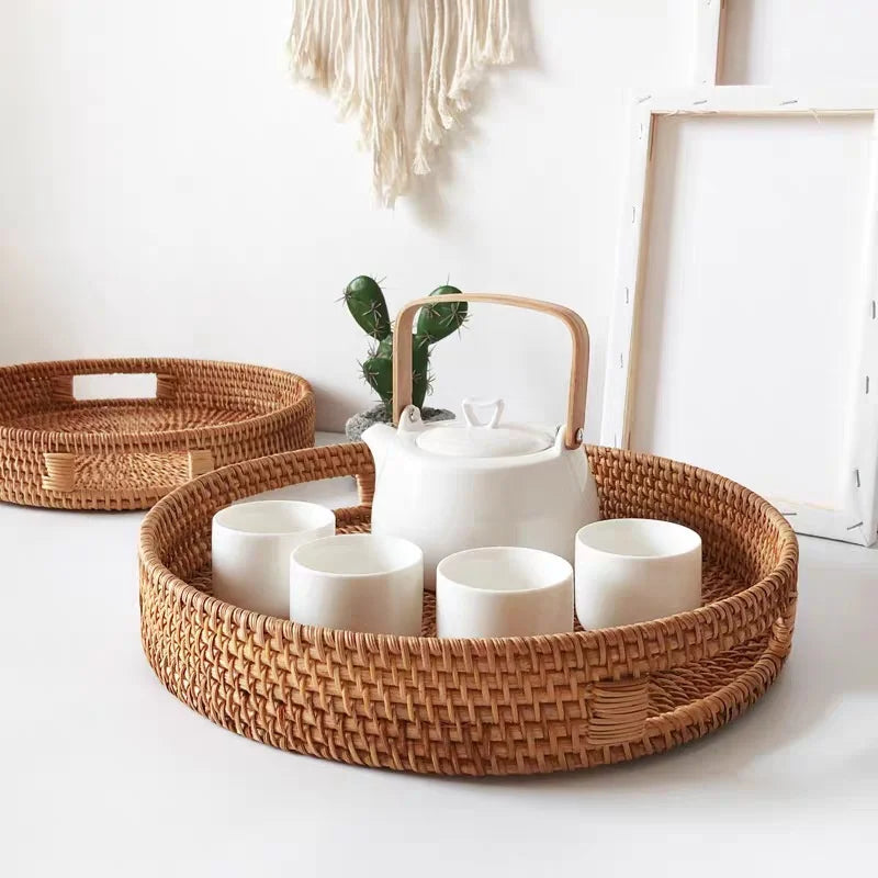 Eco-Friendly Handwoven Rattan Storage Tray – Multi-Use Wicker Basket for Bread, Snacks, Fruit, and Tea Serving
