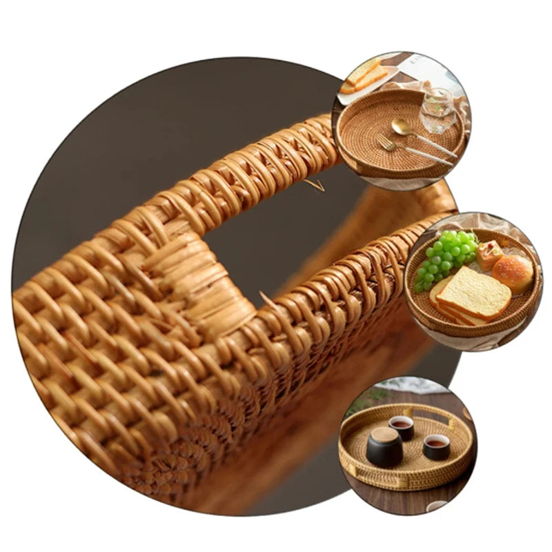 Eco-Friendly Handwoven Rattan Storage Tray – Multi-Use Wicker Basket for Bread, Snacks, Fruit, and Tea Serving
