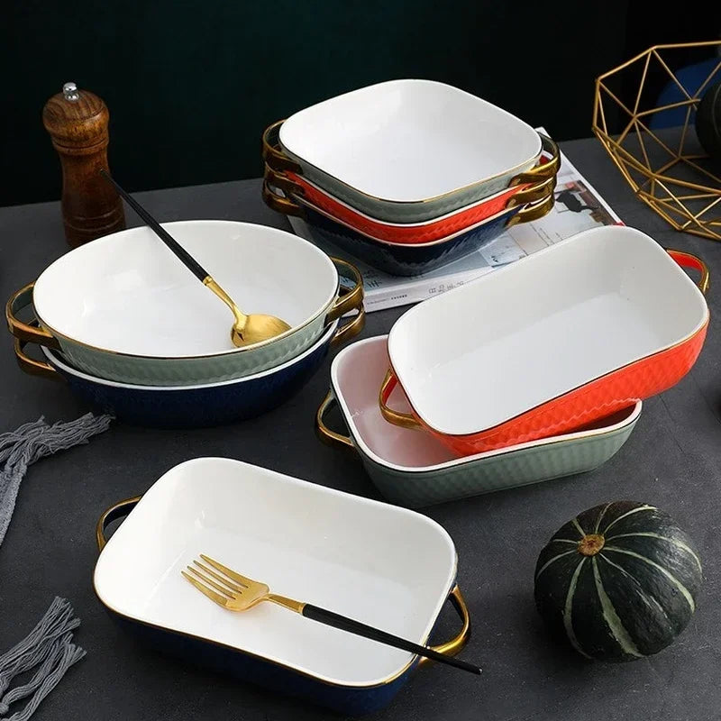 Rectangle Oval Ceramic Glazed Baking Tray – Oven-Safe Pan for BBQ, Salads & Kitchen Baking