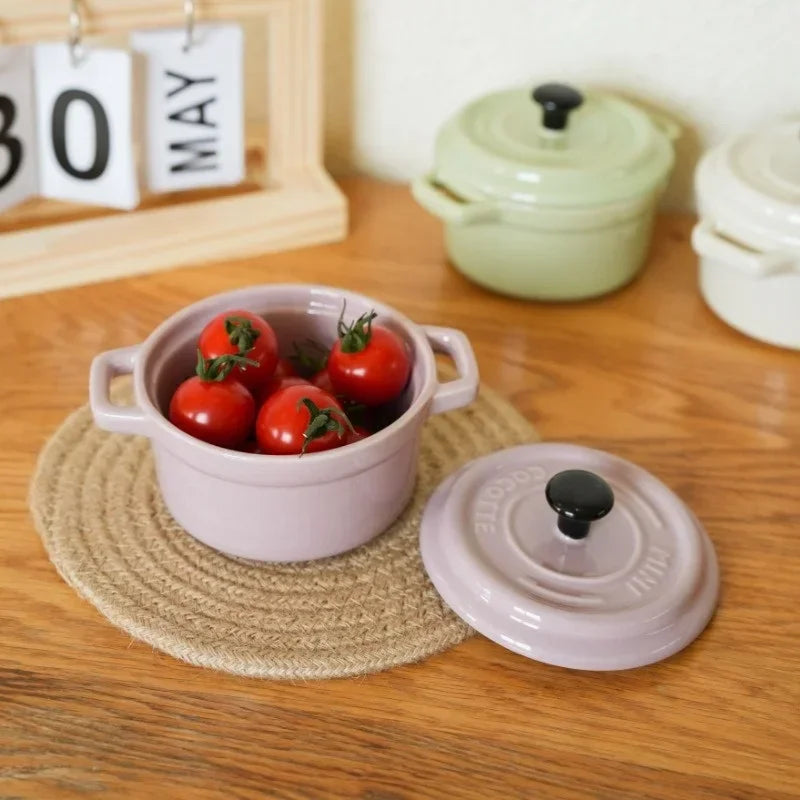 Household Ceramic Bowl with Dual Handles and Lid for Soup, Snacks, or Breakfast