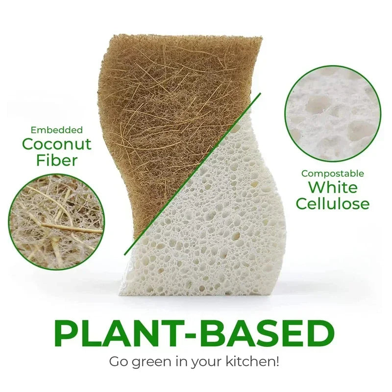Eco-Friendly Natural Plant Scrub Sponges with Coconut Scrubber – Biodegradable Kitchen Cleaning Accessories