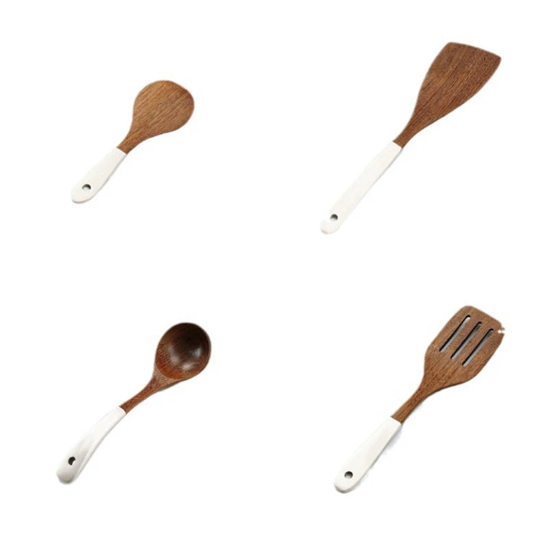 5pcs Natural Wooden Kitchen Utensils Set – Spatula, Spoon, and Flipper