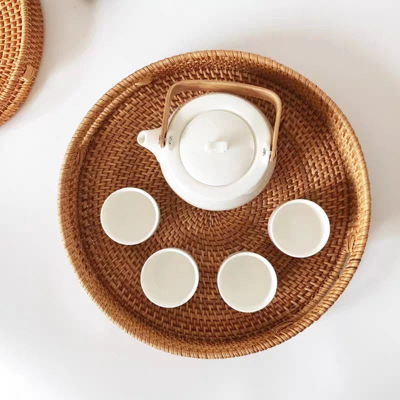 Eco-Friendly Handwoven Rattan Storage Tray – Multi-Use Wicker Basket for Bread, Snacks, Fruit, and Tea Serving